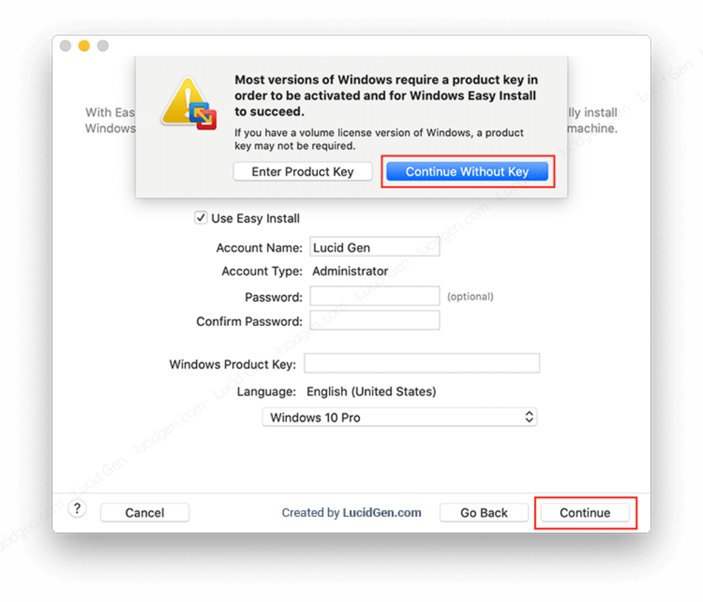 Giả lập Windows trên mac (Macbook). Chọn phiên bản Windows 10 và Continue Without Key