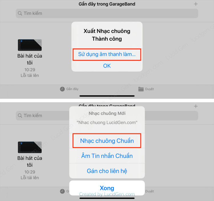 Cách cài nhạc chuông iPhone bằng GarageBand, Cài nhạc chuông cho iPhone không cần máy tính iTunes - Bạn chọn Sử dụng âm thanh làm... rồi chọn Nhạc chuông Chuẩn