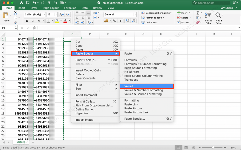 Paste to another column as Values