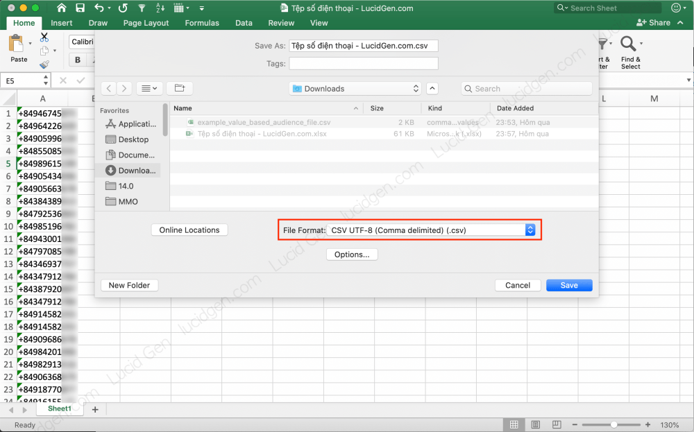 Save the phone number file as a CSV file