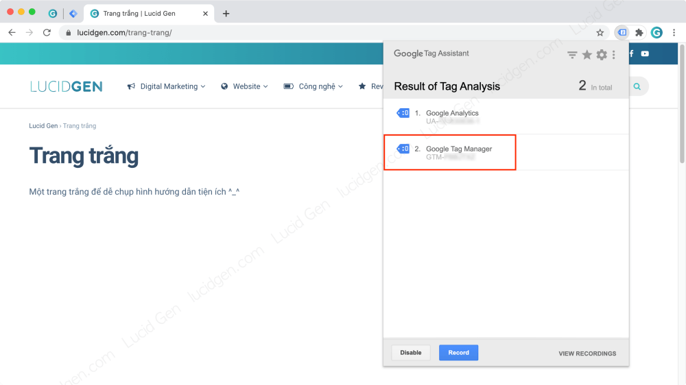 Google Tag Manager working properly will have a blue tag