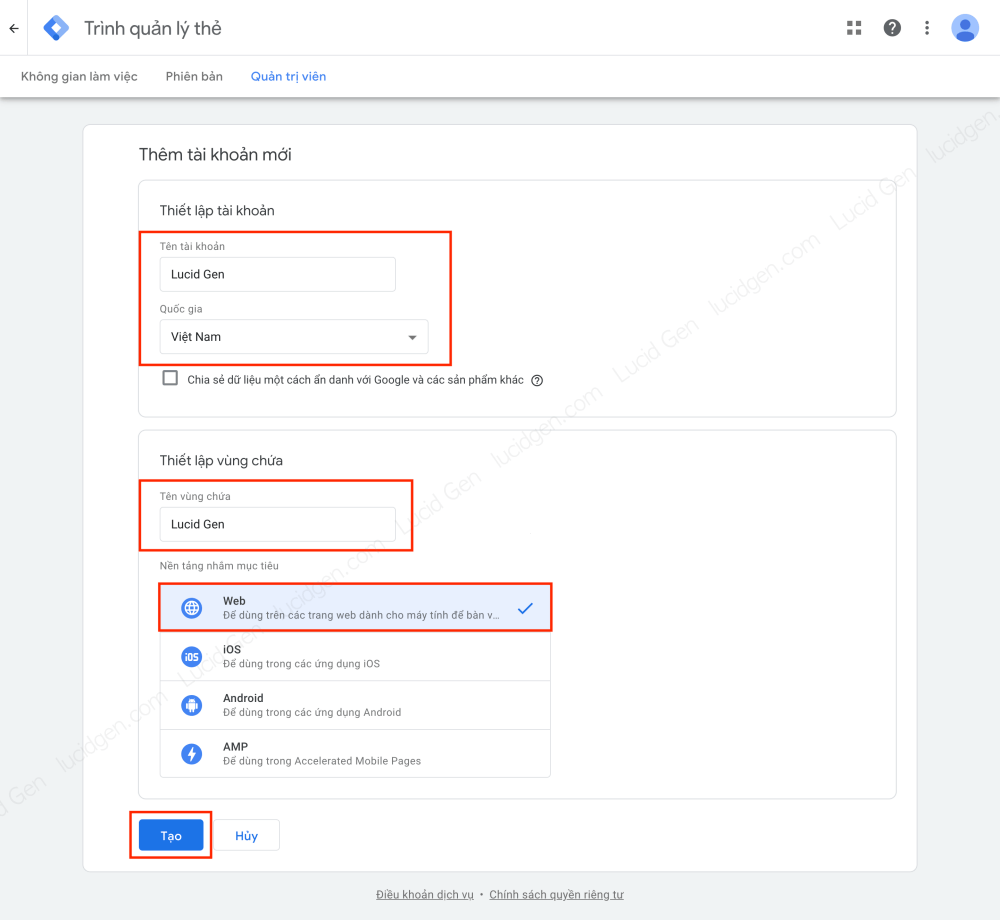 Fill in the information and then click Create