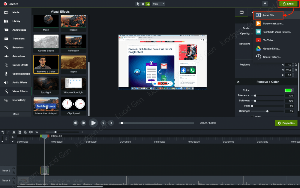 Click the Share button and choose File Local to export the video