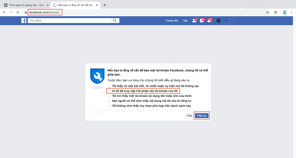 Vào trang facebook.com/hacked để bắt đầu gỡ thẻ visa khỏi tài khoản quảng cáo Facebook