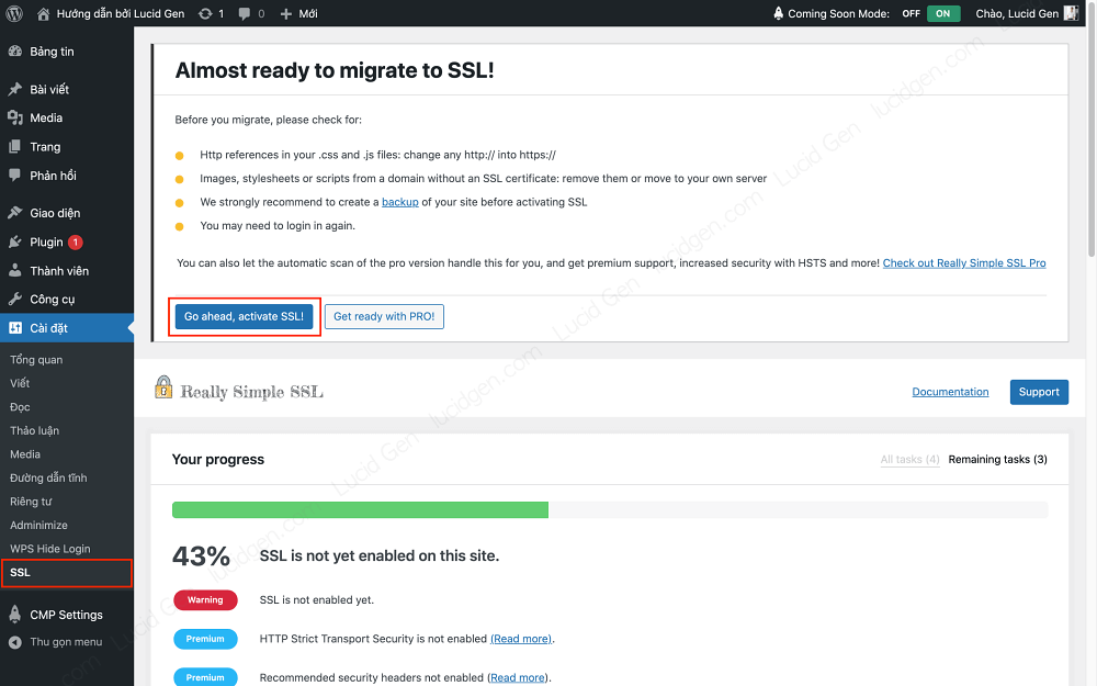 Nhấp nút kích hoạt SSL cho website