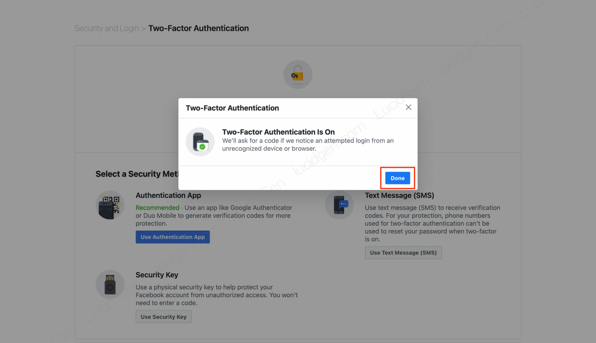 Click Done to finish enabling Facebook Two factor authentication on your computer