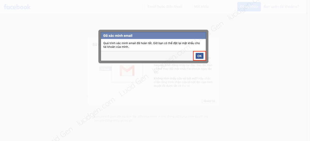 Nhấp OK để lấy lại mật khẩu Facebook bằng Gmail