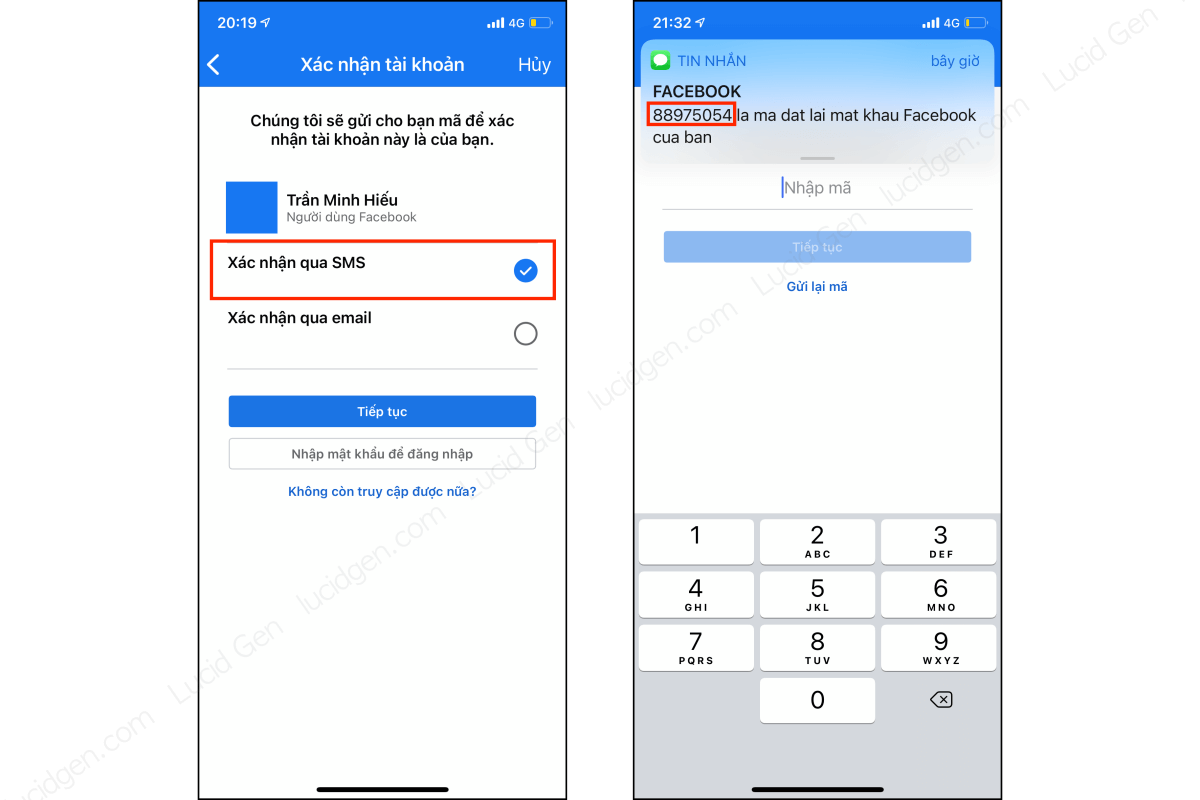 Select Authentication via SMS to reset Facebook password with phone number