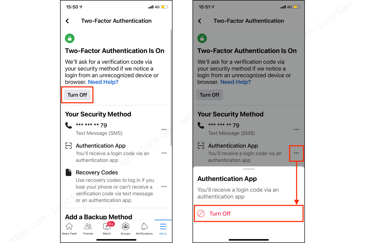 Click Turn Off to turn off Facebook Two factor authentication