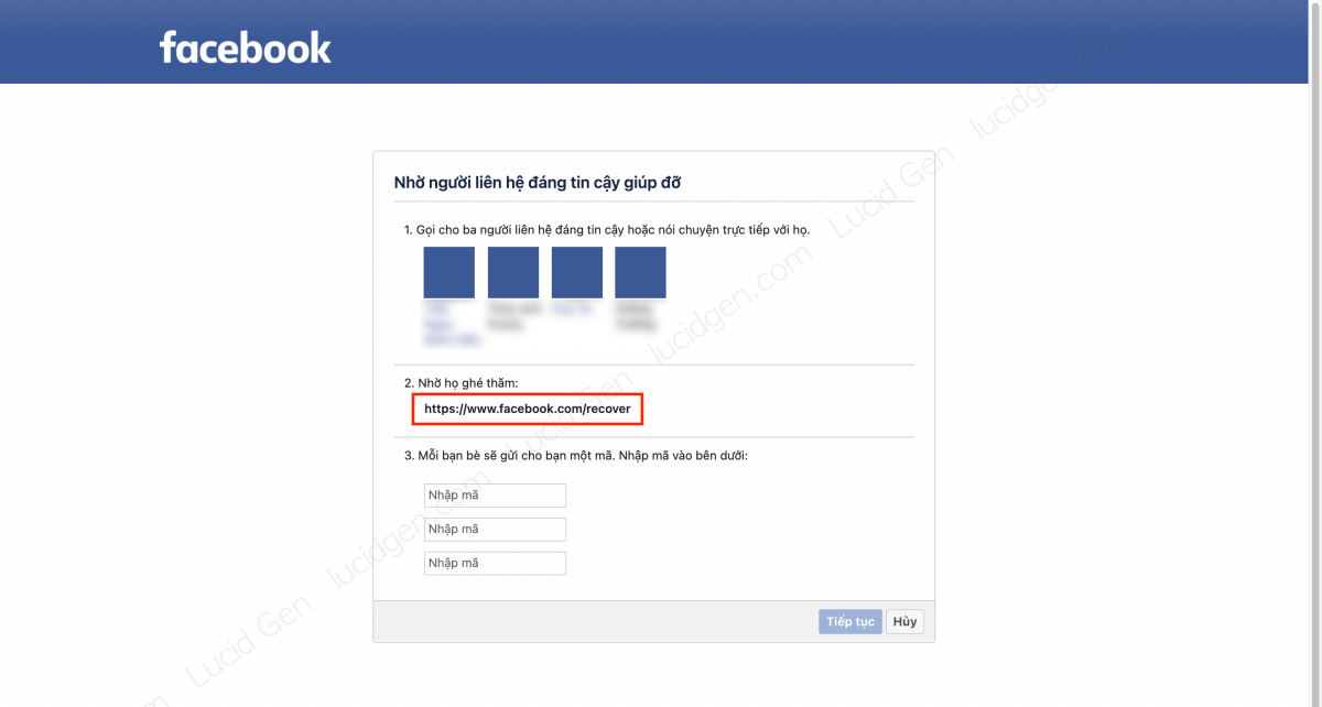 Điền mã xác nhận của bạn bè để lấy lại mật khẩu Facebook khi mất số điện thoại và email