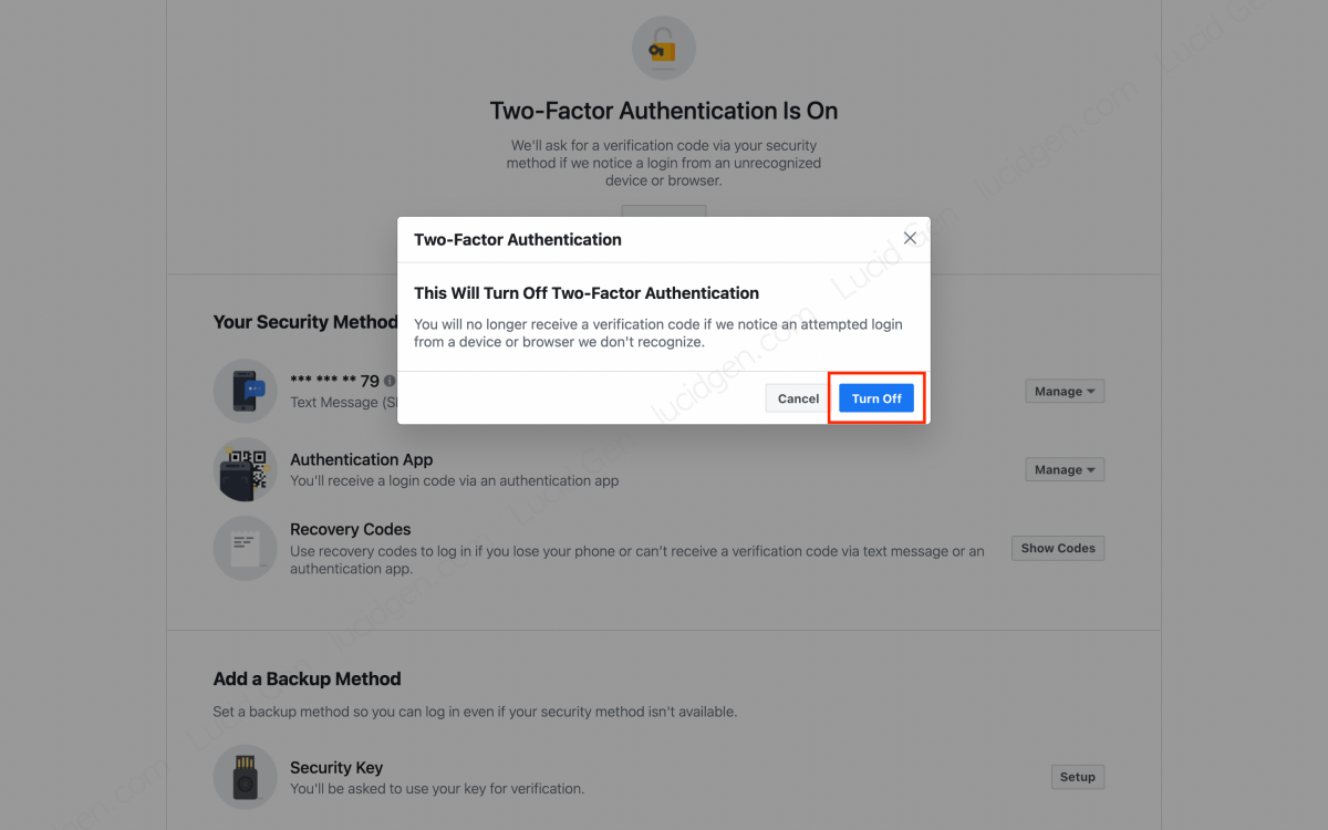 Click Turn Off to confirm turning off Facebook Two factor authentication