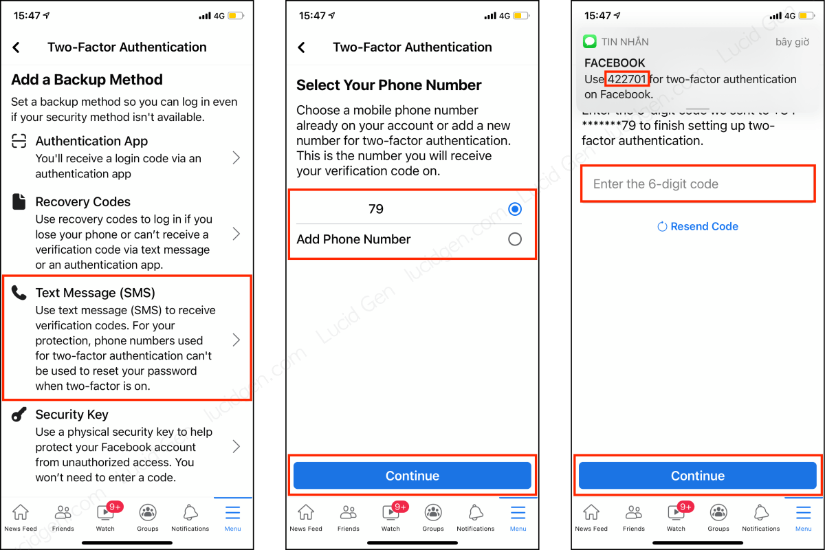 Turn on Facebook Two factor authentication by text message on your phone