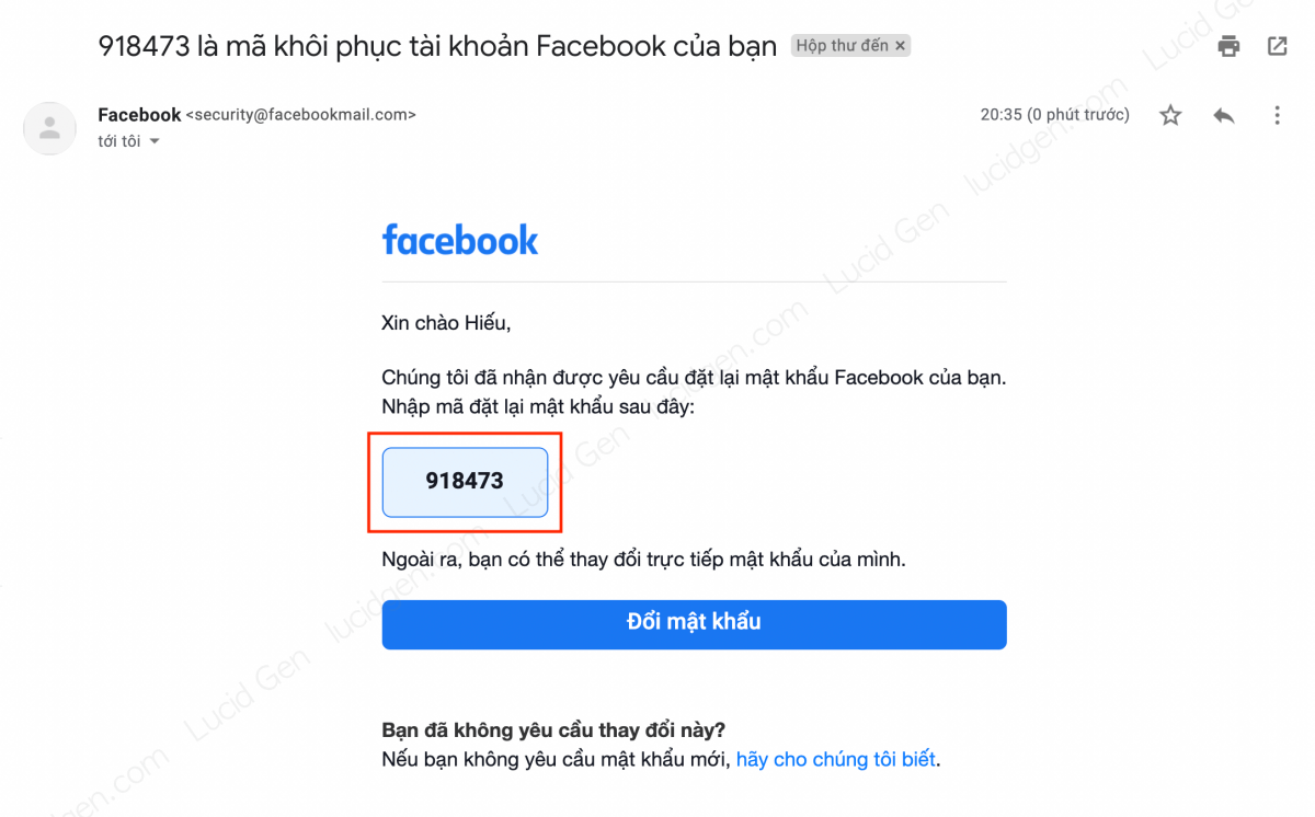 Mã xác nhận dùng để lấy lại mật khẩu Facebook bằng Gmail