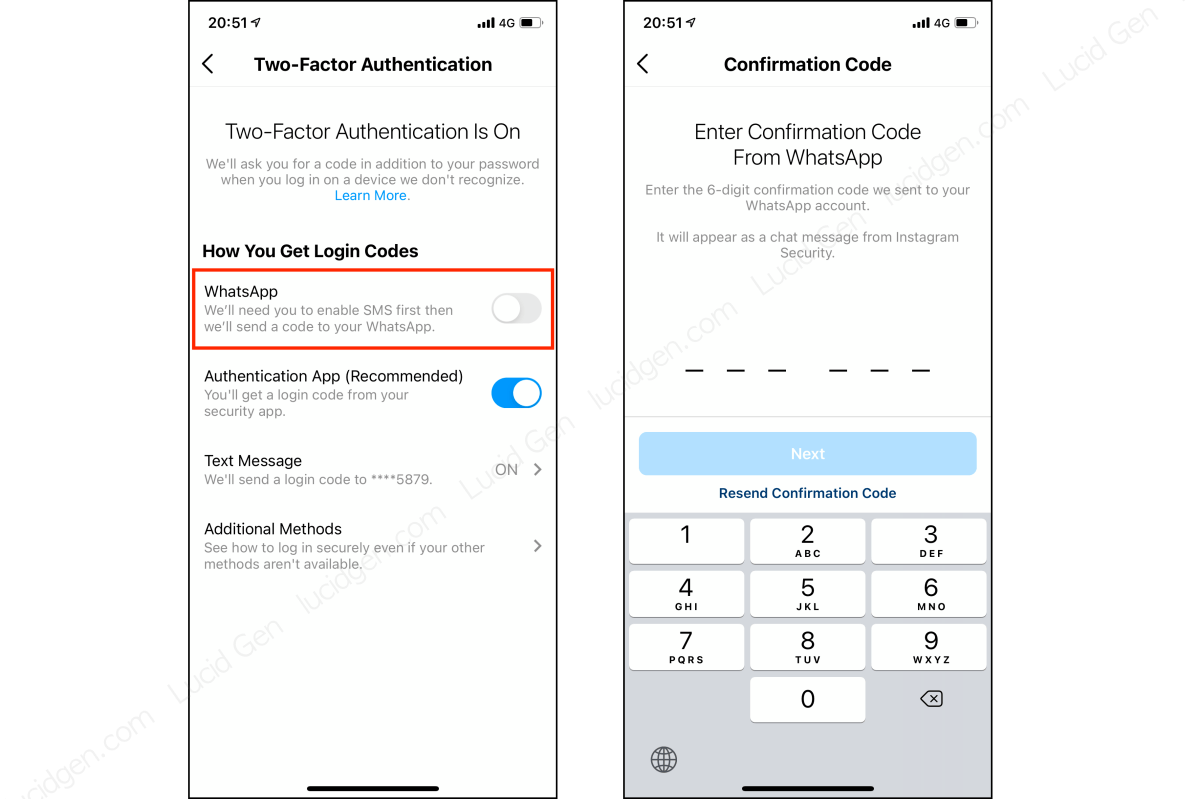 Instagram 2 Factor Authentication with WhatsApp
