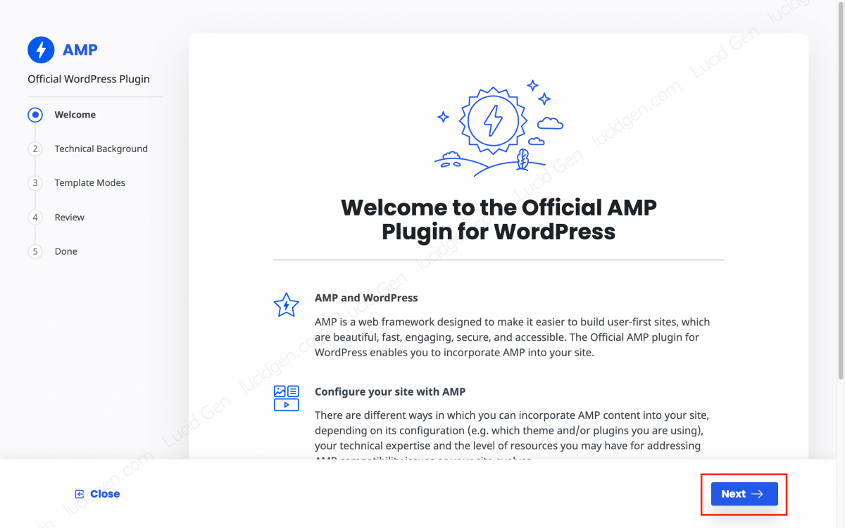 Click the Next button to skip the introduction of AMP for the website