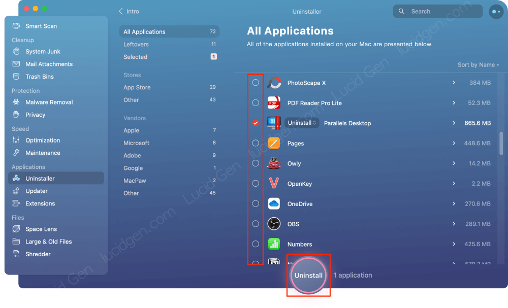 Tích chọn các ứng dụng và nhấp Uninstall để gỡ ứng dụng trên Mac
