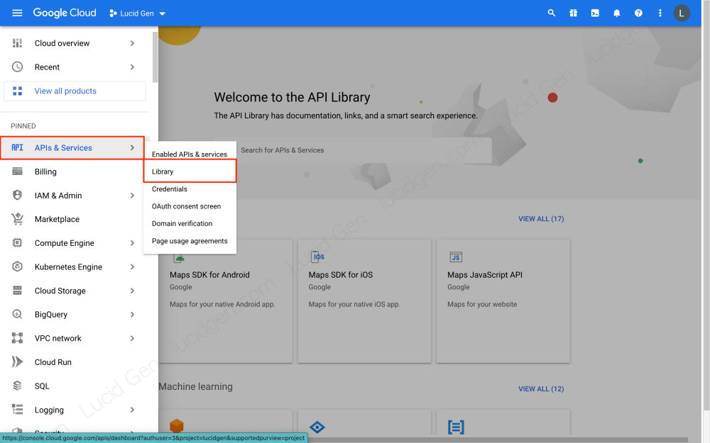 Vào thư viện để bật API Google Cloud