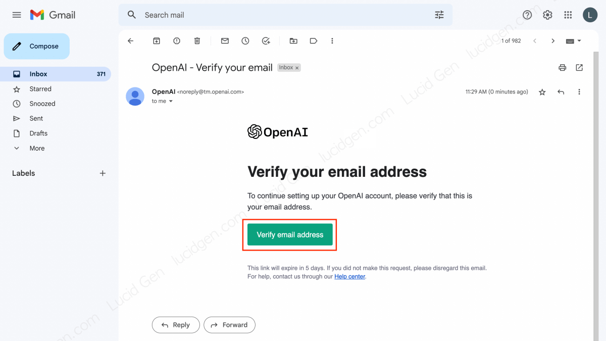 Nhấp nút Verify email address để xác thực email cho tài khoản OpenAI