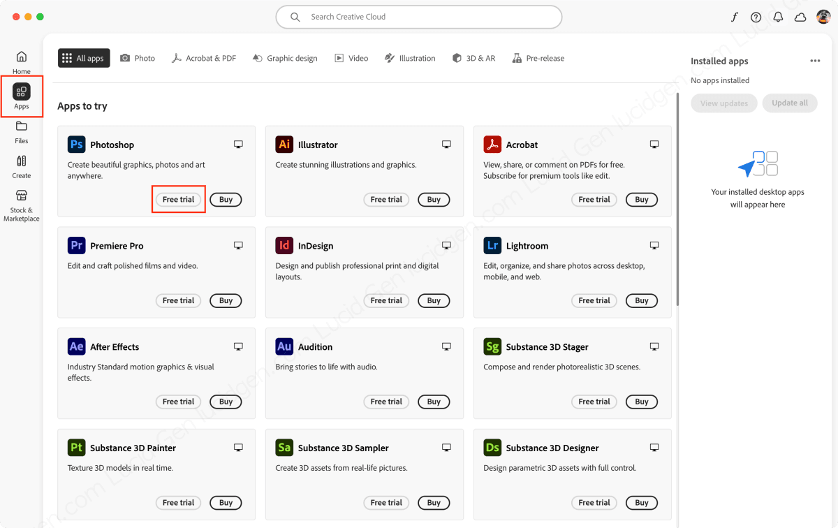 Select an Adobe app to try for free