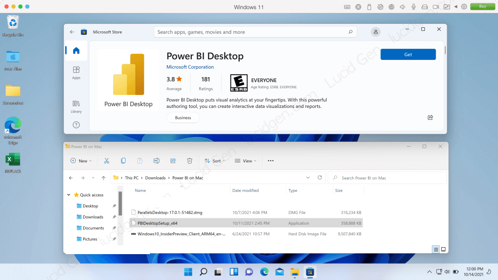Microsoft Store và file cài Power BI Desktop trong máy ảo Windows 11 trên MacBook